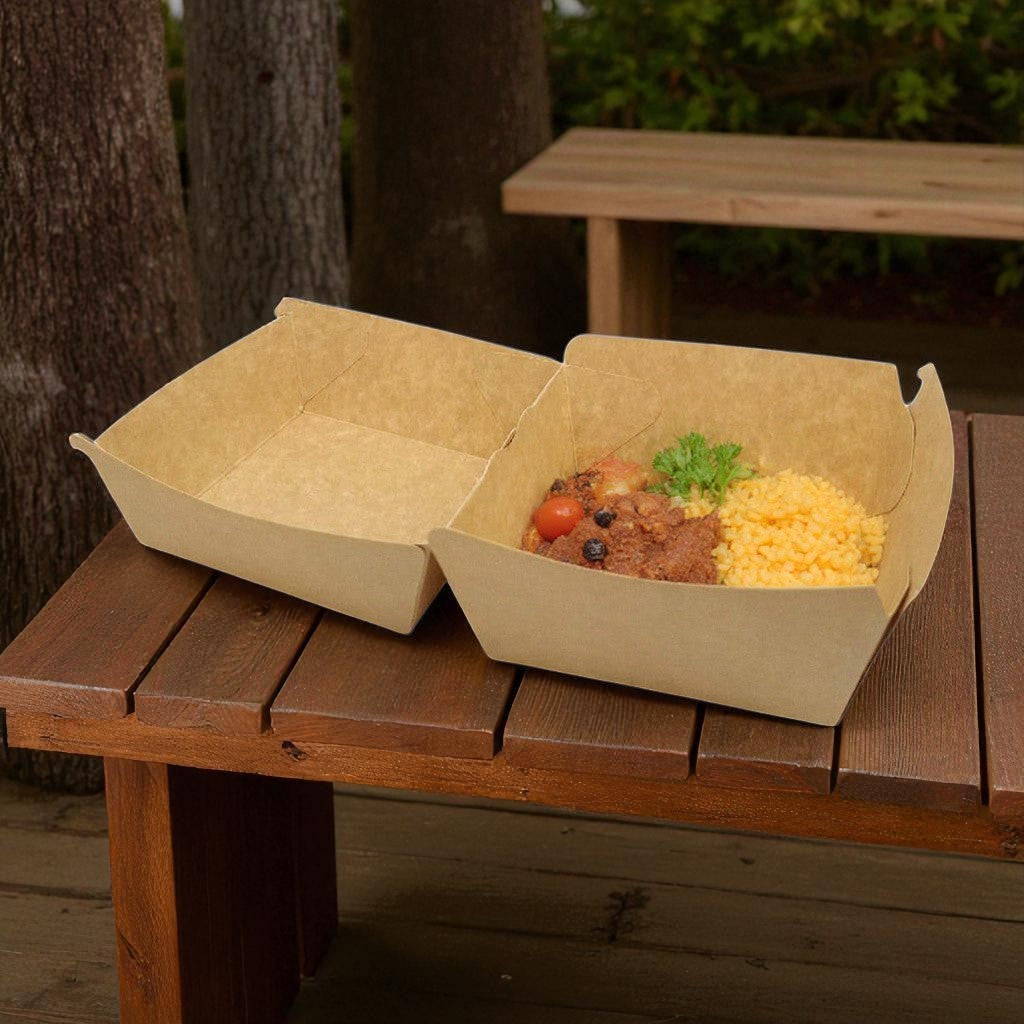 Box 376 is a spacious and sturdy paper container designed to hold burgers, sandwiches, and other fast food items securely.