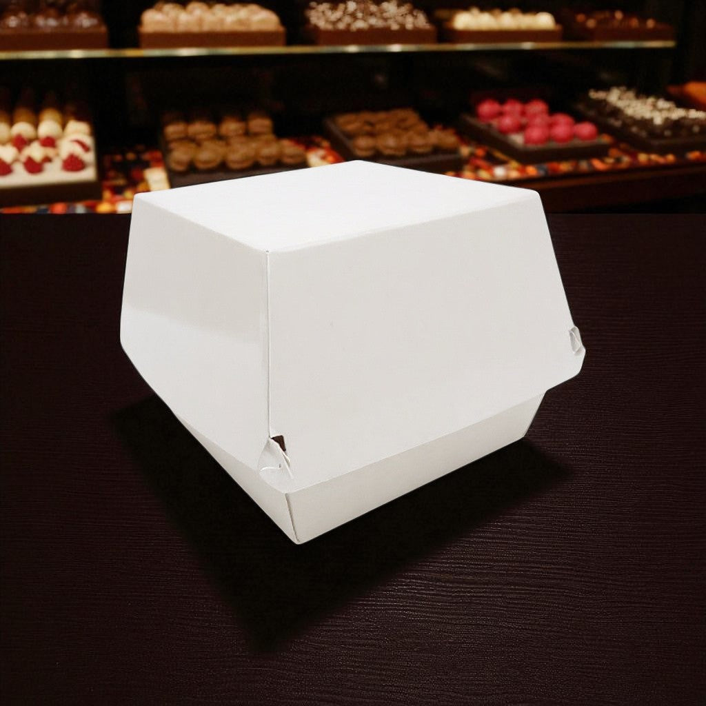 Box 376 is a spacious and sturdy paper container designed to hold burgers, sandwiches, and other fast food items securely.