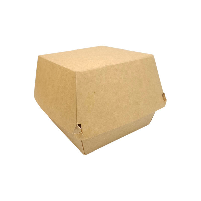 Box 376 is a spacious and sturdy paper container designed to hold burgers, sandwiches, and other fast food items securely.