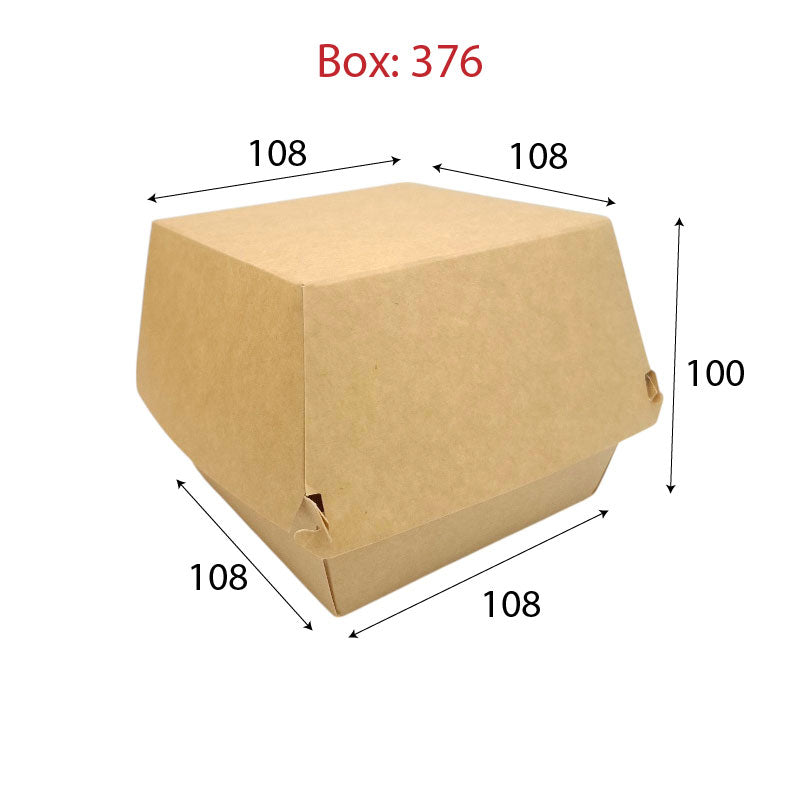 Box 376 is a spacious and sturdy paper container designed to hold burgers, sandwiches, and other fast food items securely.