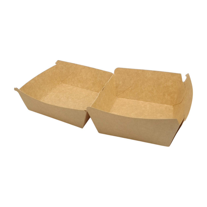 Box 376 is a spacious and sturdy paper container designed to hold burgers, sandwiches, and other fast food items securely.