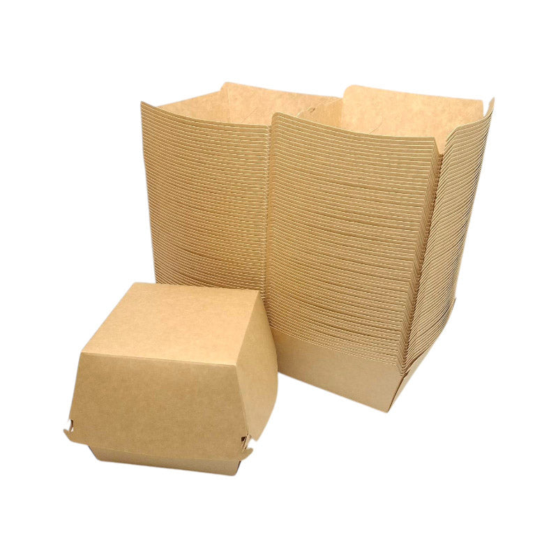 Box 376 is a spacious and sturdy paper container designed to hold burgers, sandwiches, and other fast food items securely.