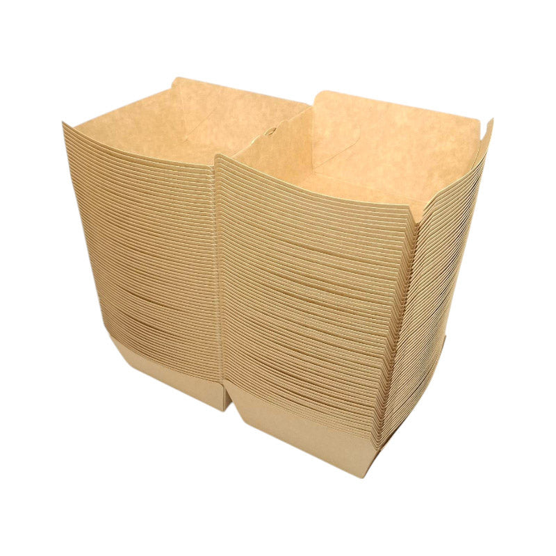 Box 376 is a spacious and sturdy paper container designed to hold burgers, sandwiches, and other fast food items securely.