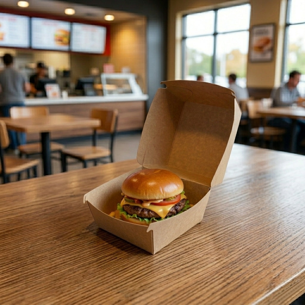 Box 376 is a spacious and sturdy paper container designed to hold burgers, sandwiches, and other fast food items securely.