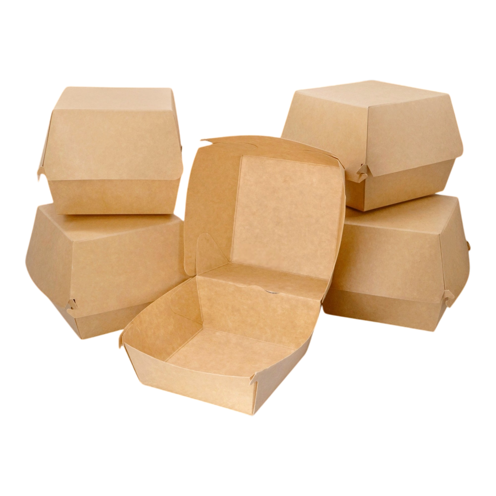 Box 376 is a spacious and sturdy paper container designed to hold burgers, sandwiches, and other fast food items securely.