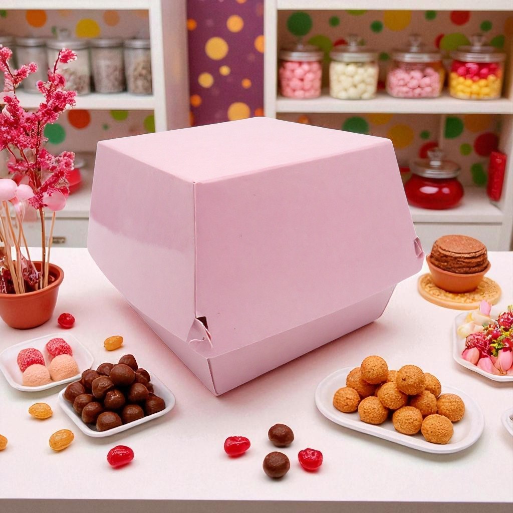 Box 376 is a spacious and sturdy paper container designed to hold burgers, sandwiches, and other fast food items securely.