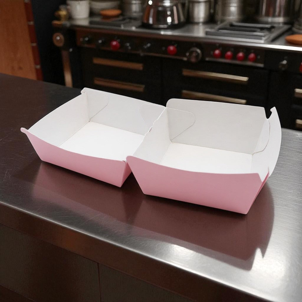 Box 376 is a spacious and sturdy paper container designed to hold burgers, sandwiches, and other fast food items securely.