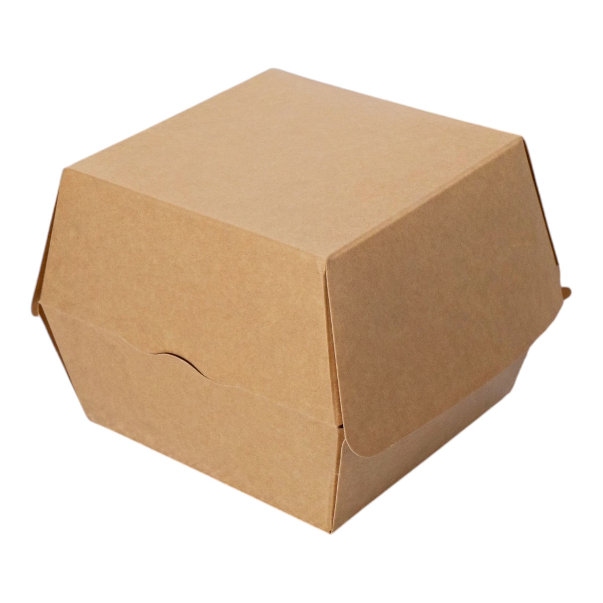 Box 376 is a spacious and sturdy paper container designed to hold burgers, sandwiches, and other fast food items securely.