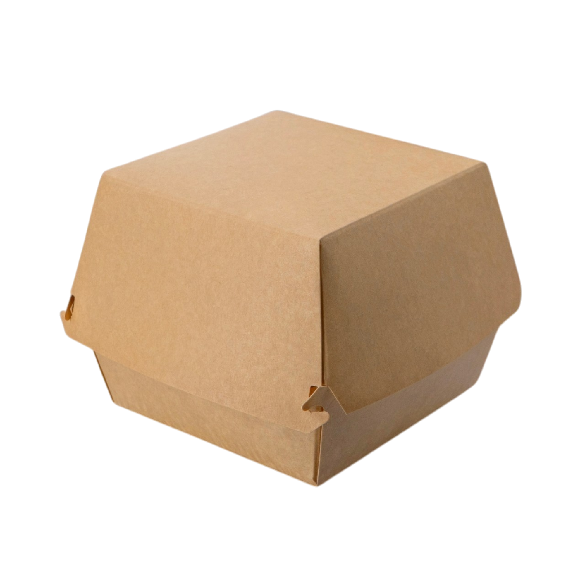 Box 376 is a spacious and sturdy paper container designed to hold burgers, sandwiches, and other fast food items securely.