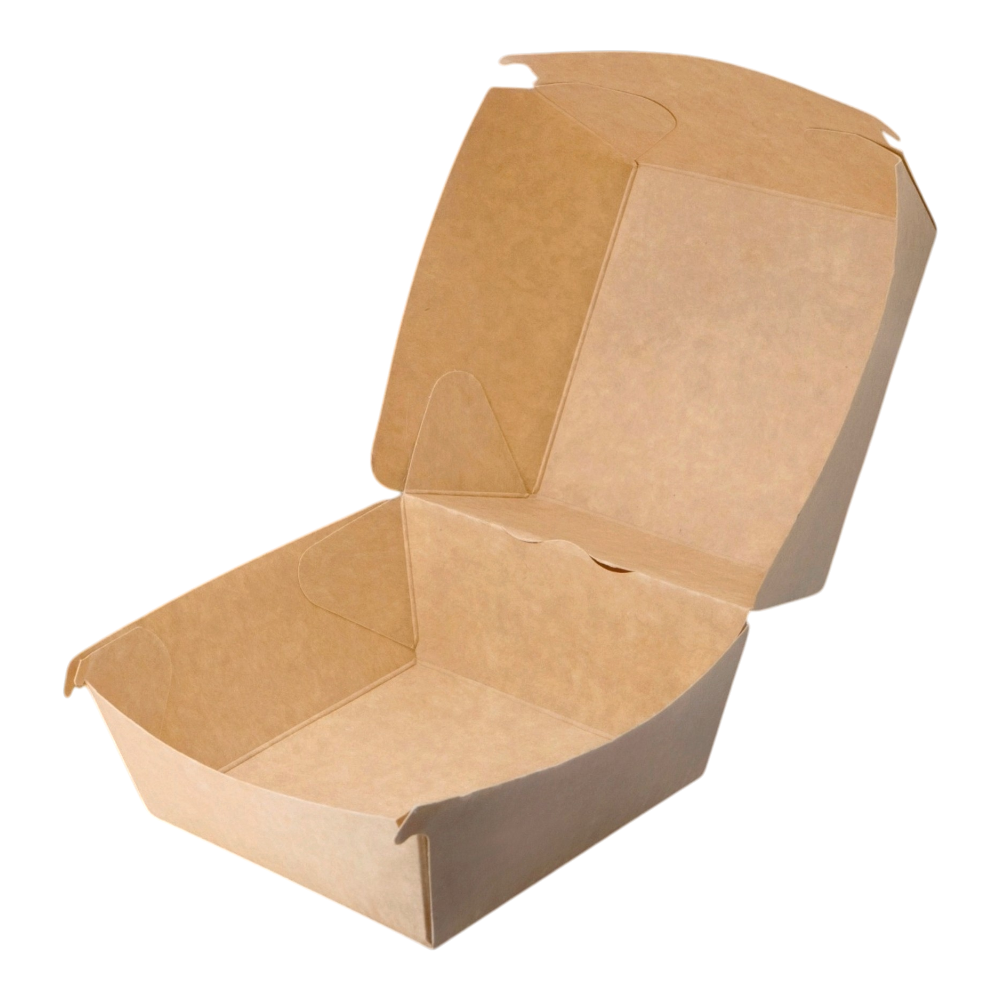 Box 376 is a spacious and sturdy paper container designed to hold burgers, sandwiches, and other fast food items securely.