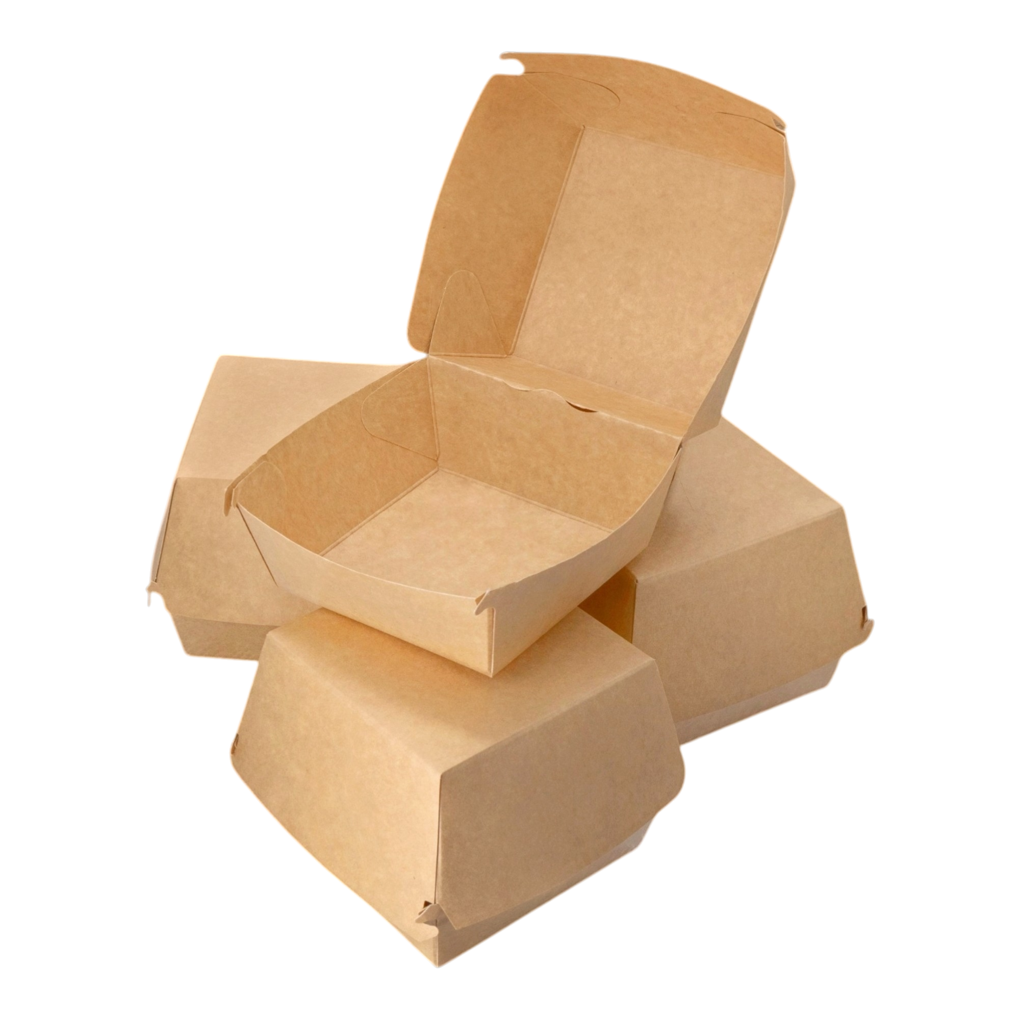 Box 376 is a spacious and sturdy paper container designed to hold burgers, sandwiches, and other fast food items securely.
