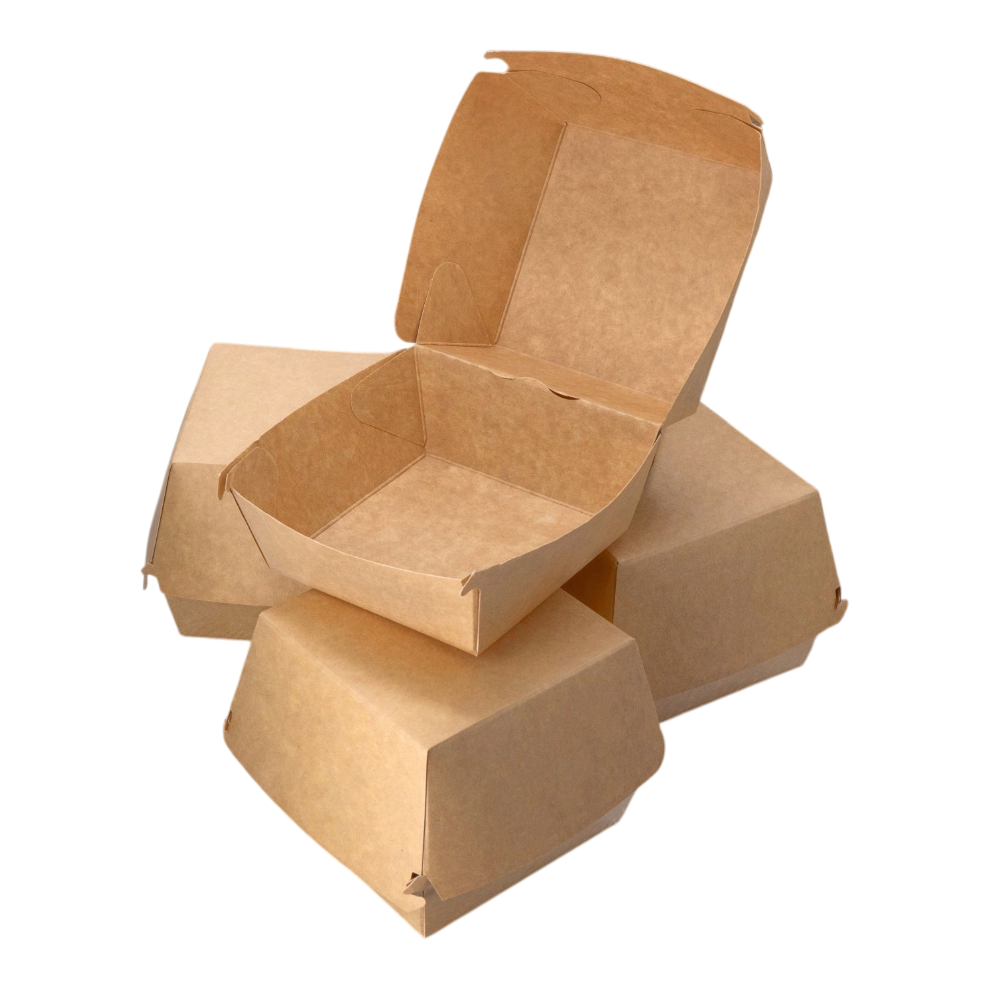 Box 376 is a spacious and sturdy paper container designed to hold burgers, sandwiches, and other fast food items securely.