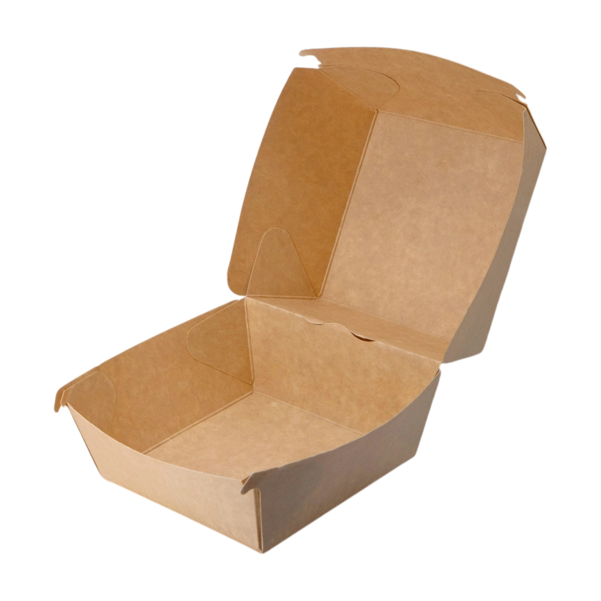 Box 376 is a spacious and sturdy paper container designed to hold burgers, sandwiches, and other fast food items securely.